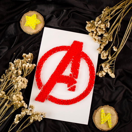 Red Avengers logo string art – handmade wall decor for Marvel superhero fans and collectors.