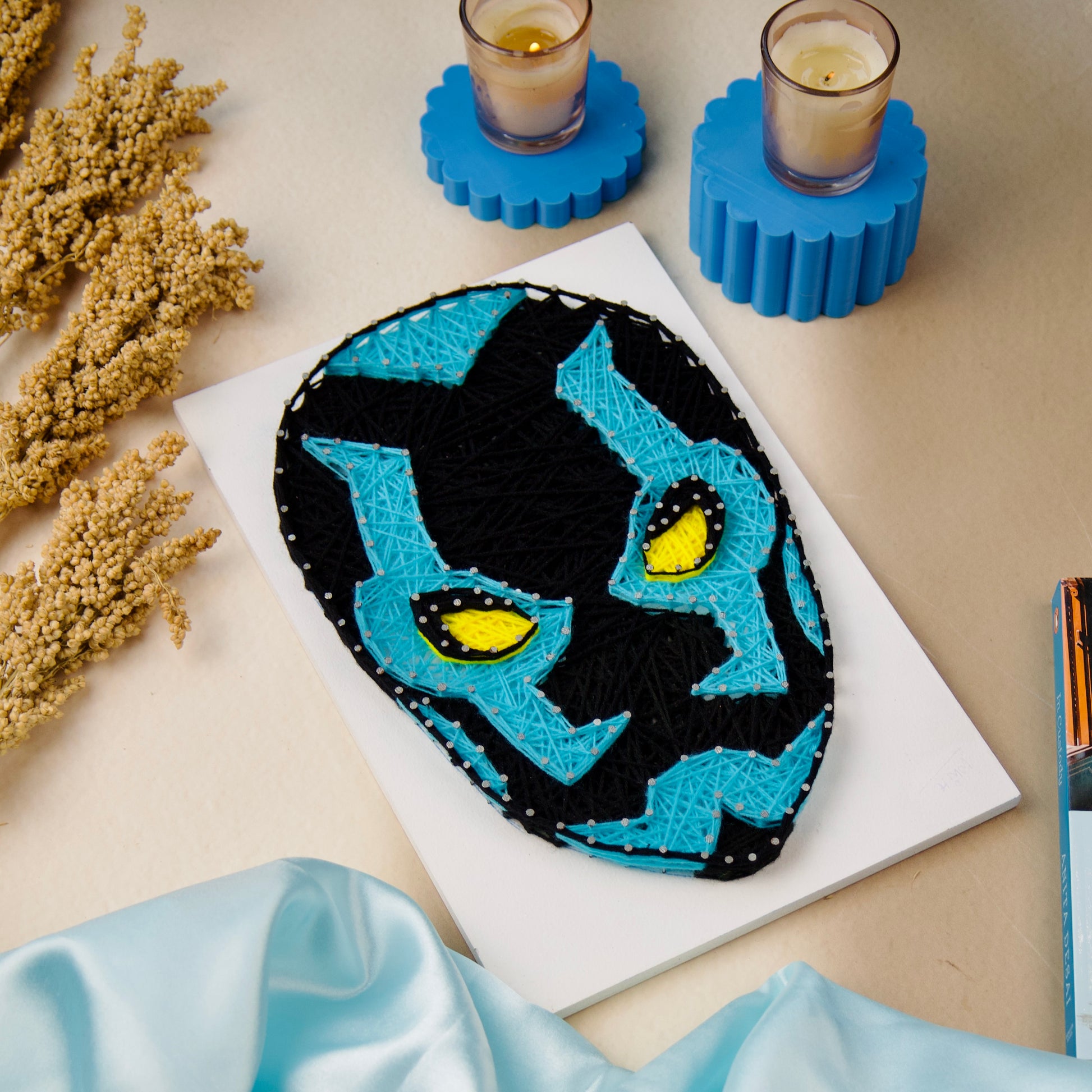 Custom Blue Beetle superhero string art on wood board – geeky home decor or birthday gift idea.