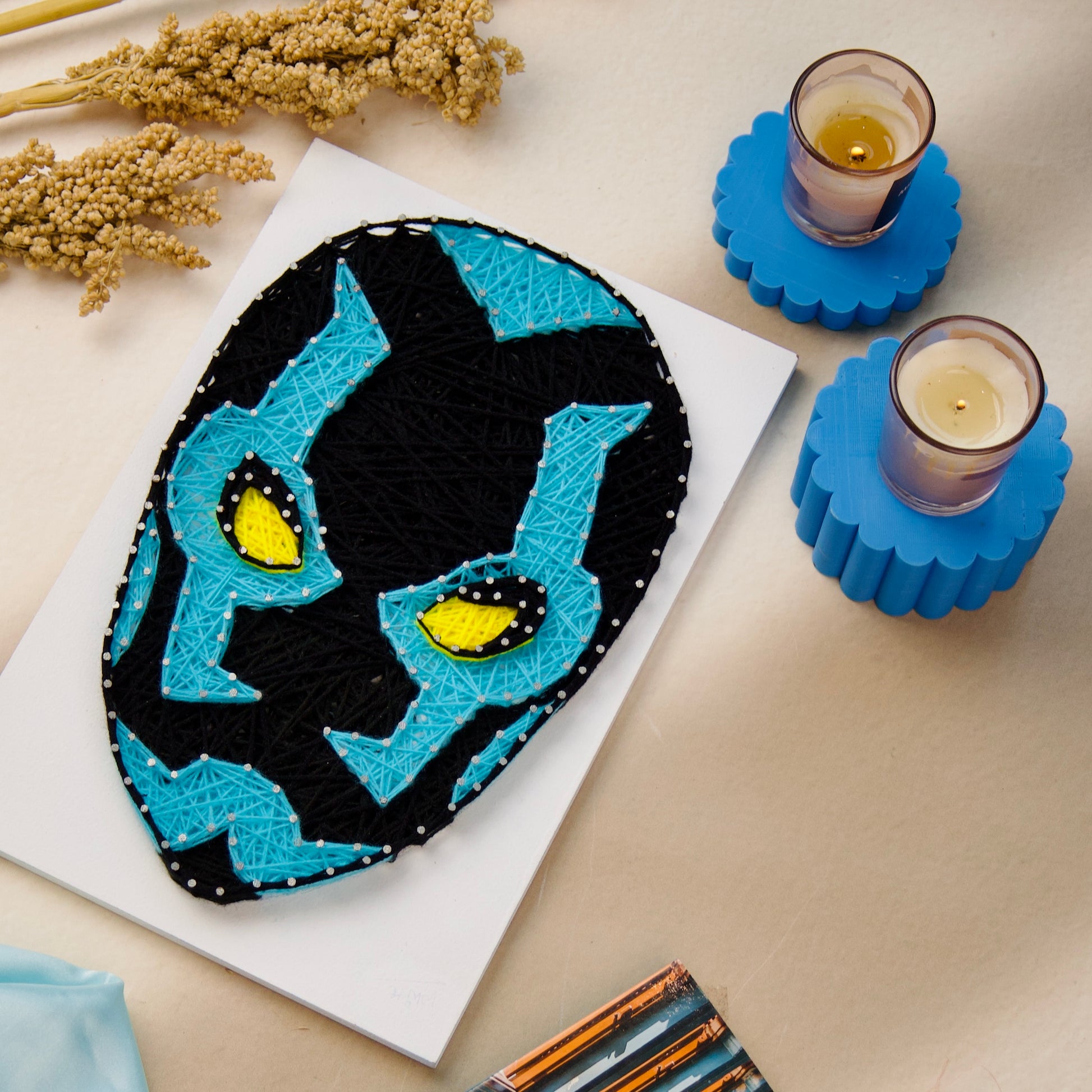 Blue Beetle superhero string art – handcrafted wall hanging for comic book fans and unique personalized gifts.