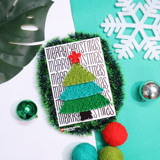 Handmade string art Christmas tree with colorful yarn layers and a red star on a festive background – holiday wall decor