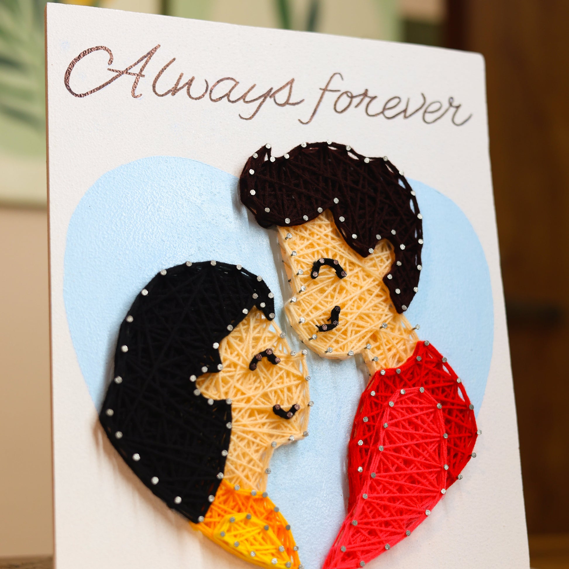 Romantic couple string art on white canvas with blue heart background and “Always forever” quote – handcrafted wall decor gift