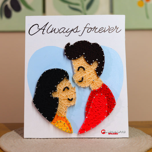 Handmade string art of a romantic couple with “Always forever” text – heart-shaped design on canvas by Finecrafts Studio