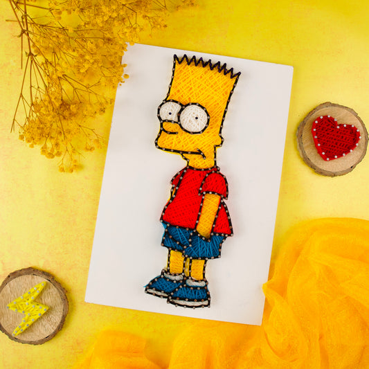 Handmade Bart Simpson string art with colorful yarn on white board, fun wall decor for cartoon lovers.