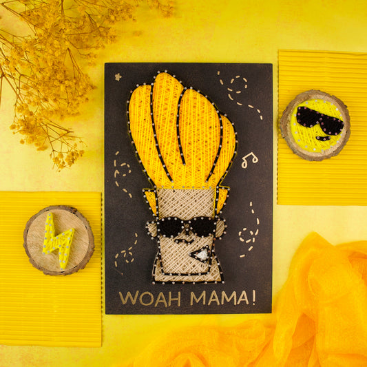 Johnny Bravo string art wall decor with bold yellow yarn hair and shades, handmade on a black background.