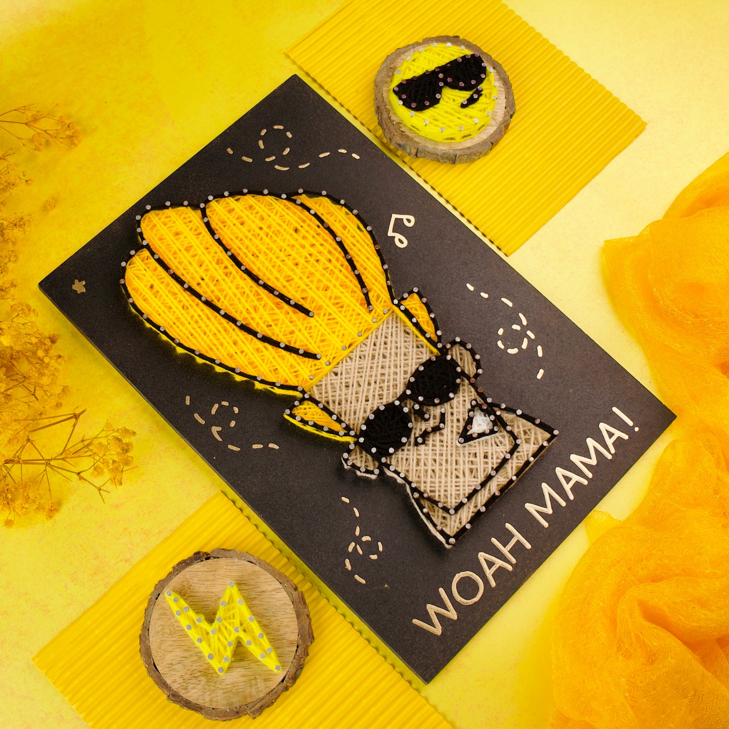 Johnny Bravo yarn and nail art on black board, fun handmade decor for fans of retro animated shows.