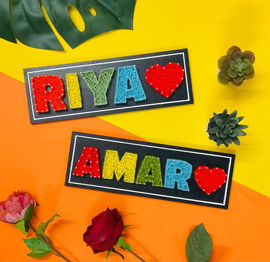 Custom handmade string art nameplates with colorful letters and heart design – personalized gift for couples.