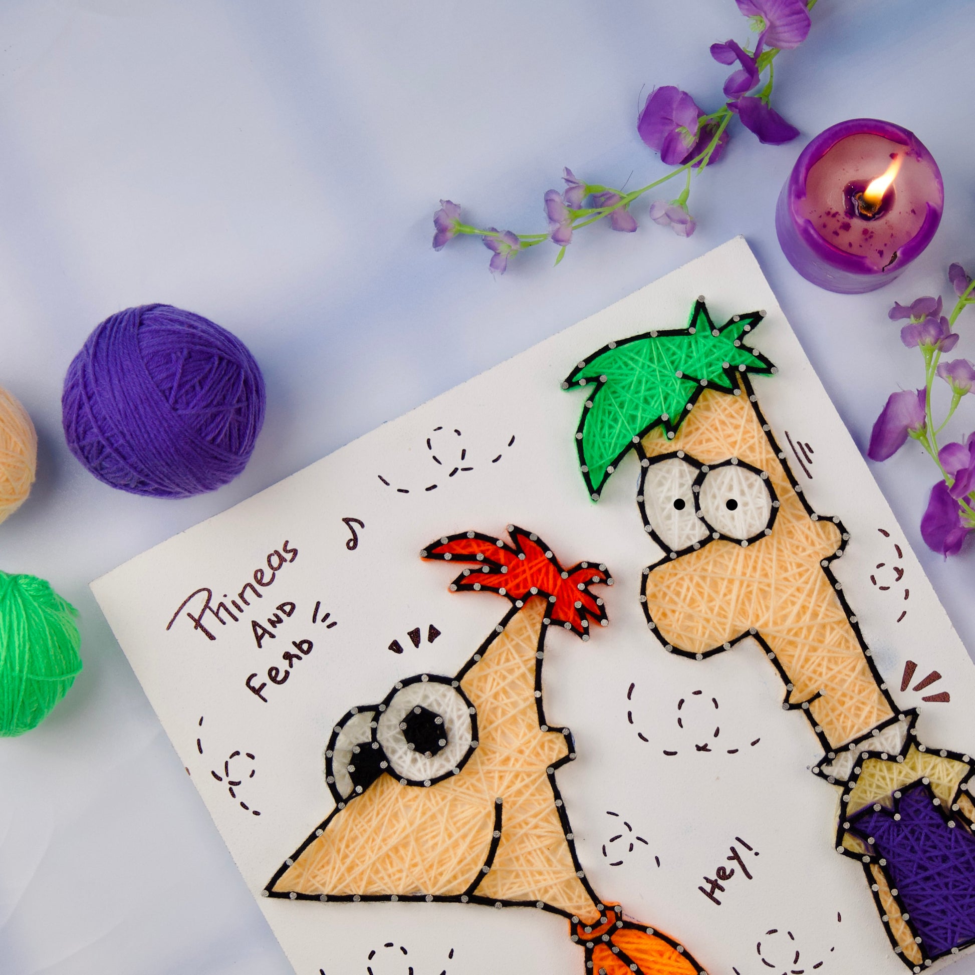 Phineas and Ferb cartoon characters in detailed string art design, playful handmade home decor.