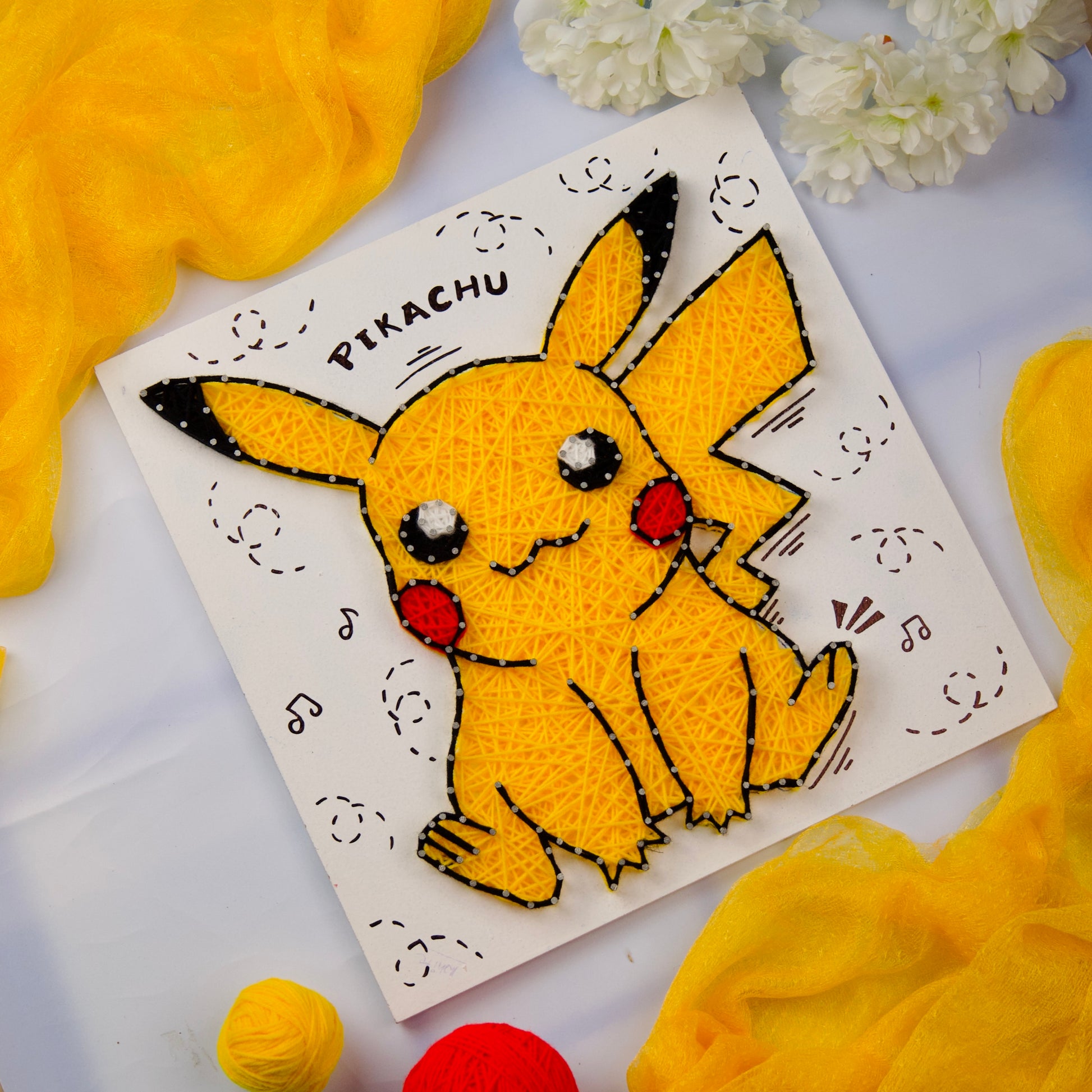 Cute yellow Pikachu Handmade Customisable string art on canvas, crafted with love for kids' rooms and collectors.