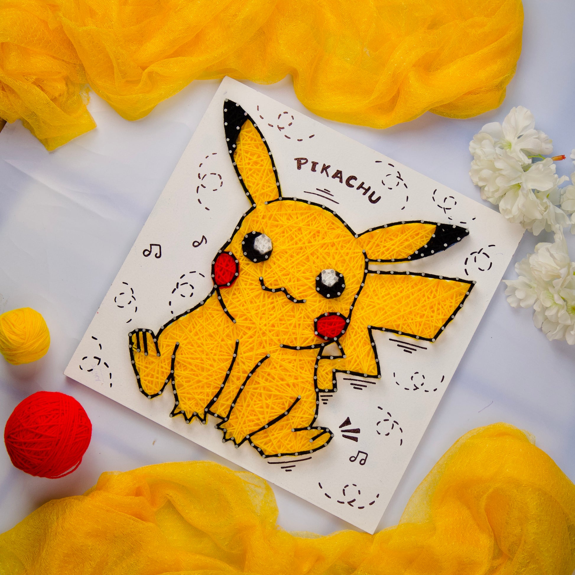 Unique Pikachu thread art piece, creative Pokémon-inspired home decor for fans of all ages.