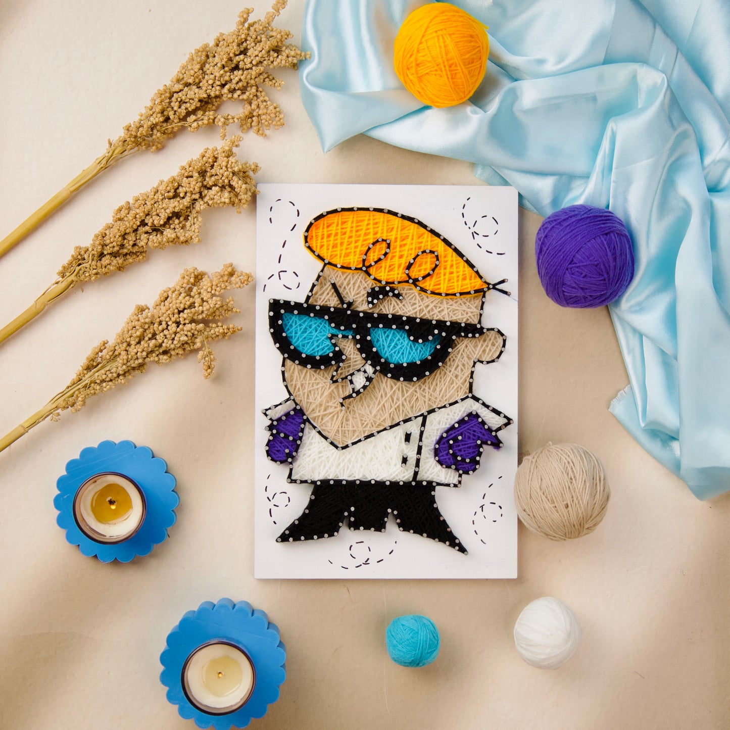 Unique string art of Dexter with blue glasses and orange hair – ideal handmade gift for animation and cartoon lovers.