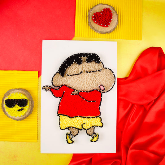 Playful Shinchan string art wall decor, handmade with vibrant threads for kids’ room or gifting.