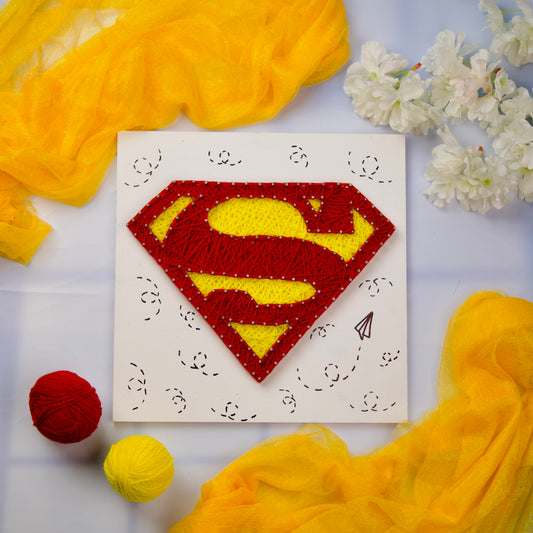 Handmade Superman string art logo in red and yellow, perfect personalized gift for DC Comics fans.