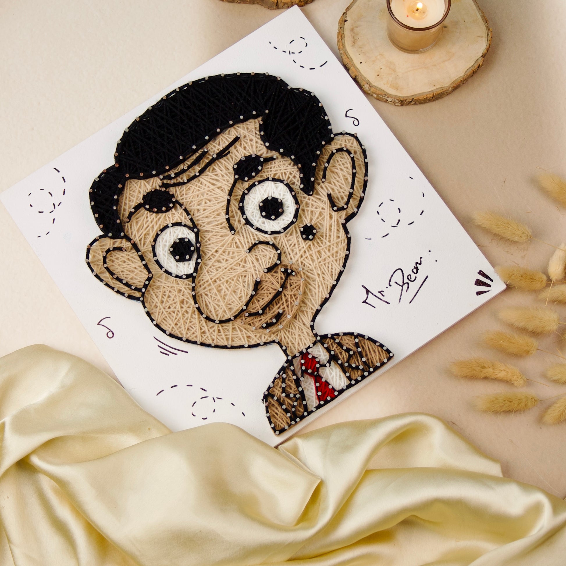 Creative Mr. Bean thread art – Best string art gift idea from The Finecrafts Studio for any special occasion.