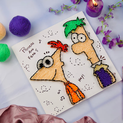 Handcrafted Phineas and Ferb string art, vibrant threadwork perfect for kids’ room wall art.